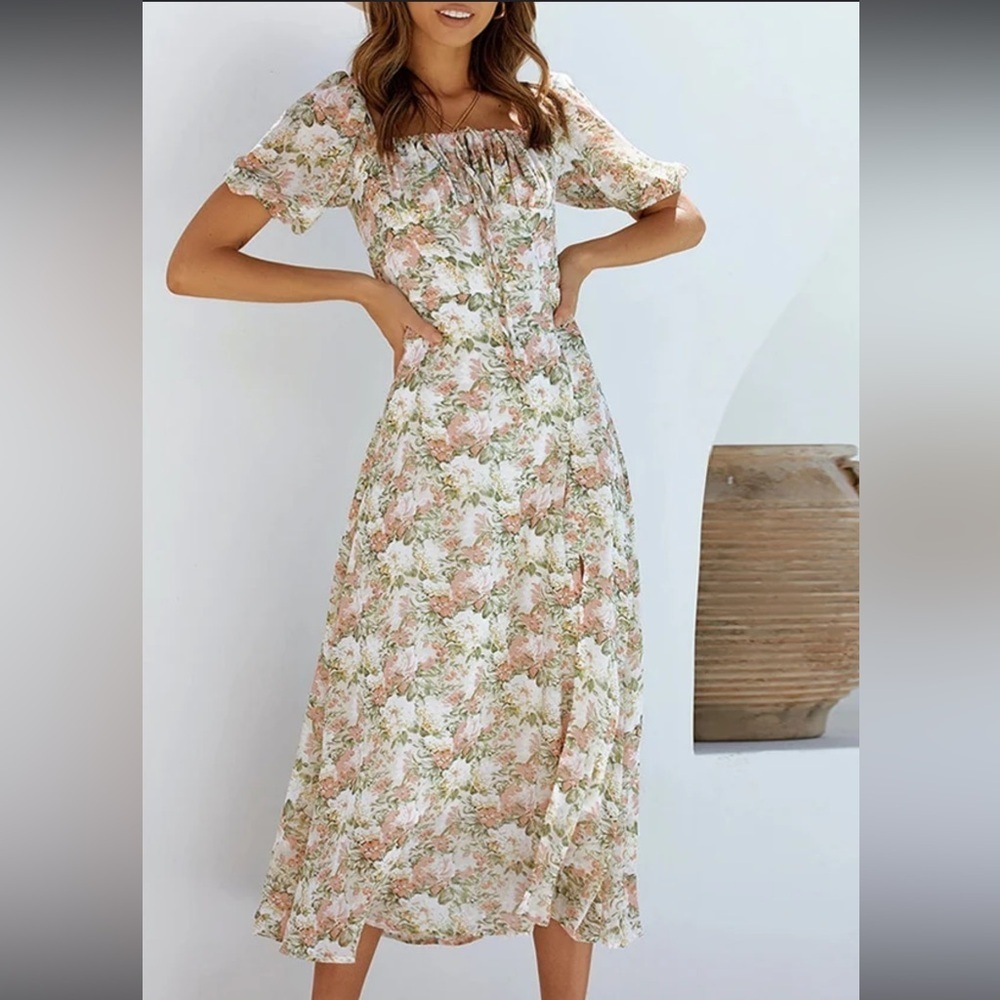 Petal and Pup Floral Pink Green and Cream Milkmaid Maxi Dress with Slit